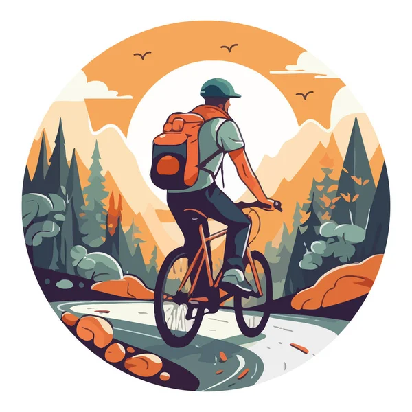 Άνθρωπος Ποδηλασία Μέσα Στο Δάσος Απολαμβάνοντας Εικόνα Ελευθερία Της Φύσης — Διανυσματικό Αρχείο
