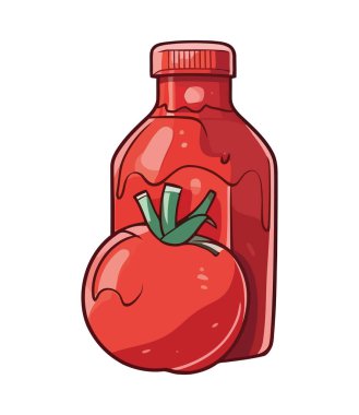 Cam şişe ikonunda taze organik domates suyu izole edilmiş.