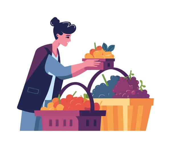 Woman Picking Organic Fruits Eating Icon Isolated — Stock Vector
