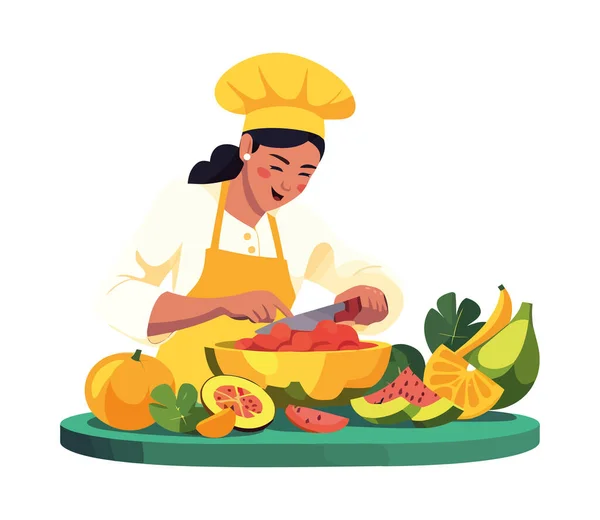 Chef Sorridente Preparando Ícone Salada Frutas Orgânicas Frescas Isolado —  Vetores de Stock