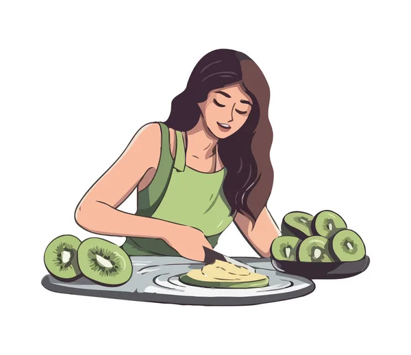 Una Mujer Sonriendo Comiendo Kiwi Frutas Icono Aislado — Vector de stock
