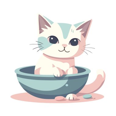 Beyaz tencerede oturan sevimli kedi yavrusu.