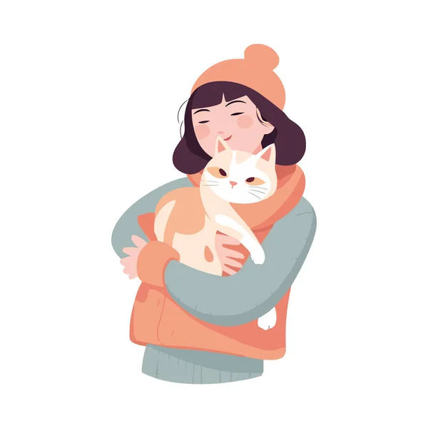 stock vector Woman hugging cat over white