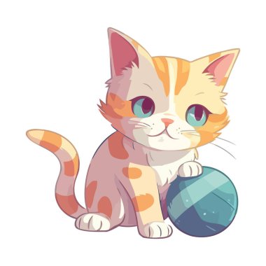 Beyaz yerine sarı top oyuncağıyla oynayan sevimli kedi yavrusu.