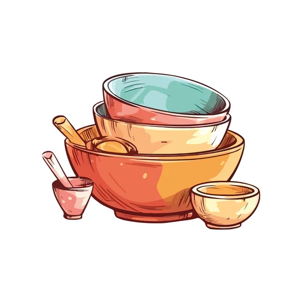 Кухонные Принадлежности Красочной Посудой Поверх Белого — стоковый вектор