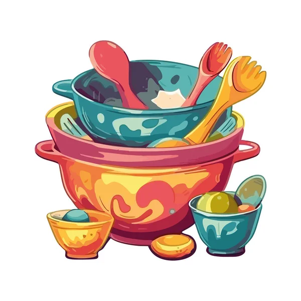 上有五颜六色的陶器和器皿的厨房 — 图库矢量图片
