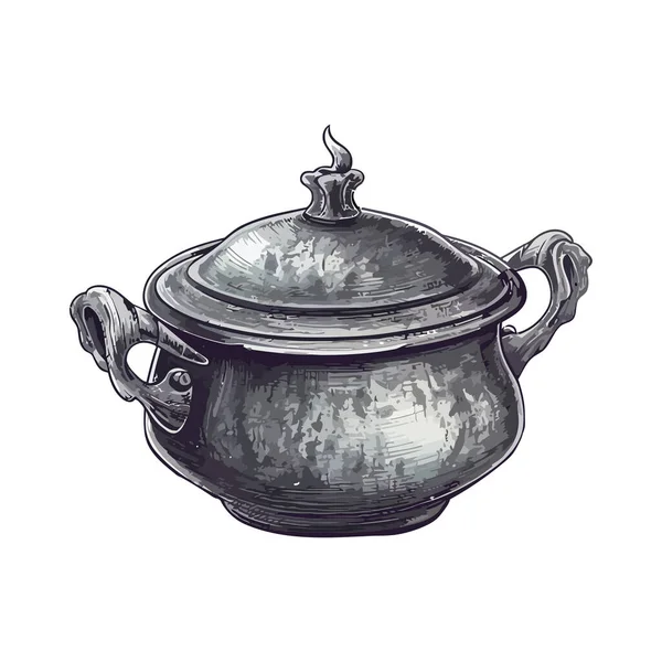 Antique Teapot Boils Soup White — Stock Vector