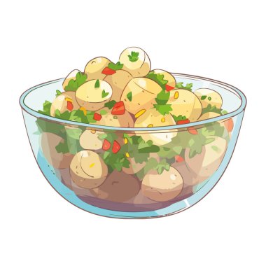 Organik sebzelerle taze salata kasesi ve izole edilmiş bitki ikonu.