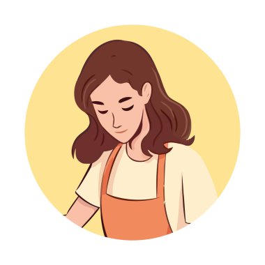 Mutfak önlüğü ikonu içinde duran sevimli çizgi film şefi izole edilmiş.