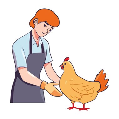 Gülümseyen çiftçi çiftlik ikonunda sevimli bir horoz tutuyor.