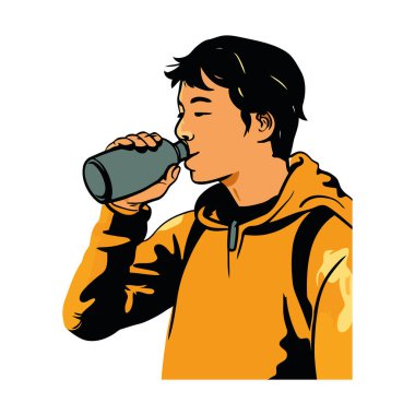 Bir kişi şişeyi tutuyor, ferahlatıcı soda ikonu içiyor.