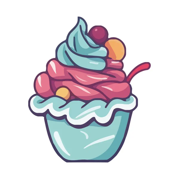 Cupcake Desenho Animado Bonito Com Ícone Creme Gelo Isolado — Vetor de Stock