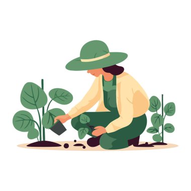 Organik fidanlar eken, doğa ikonuyla ilgilenen bir kadın.