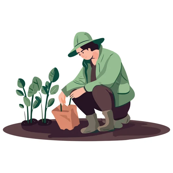 stock vector One person sitting outdoors planting green growth icon isolated