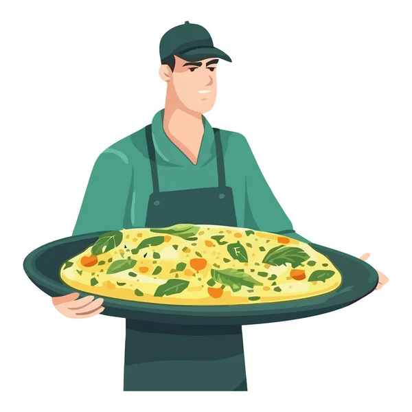 Chef Leverera Färsk Pizza Med Ekologiska Grönsaker Ikon Isolerad — Stock vektor