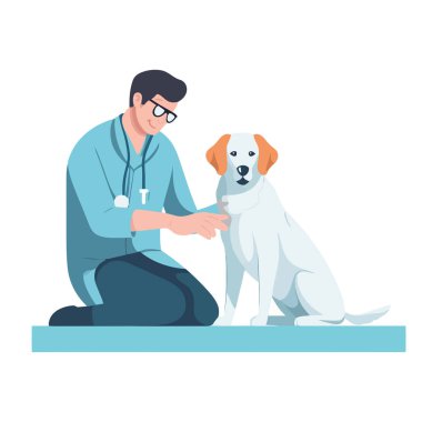 Gülümseyen veteriner, izole şirin köpek yavrusu hastalarıyla ilgilenir.