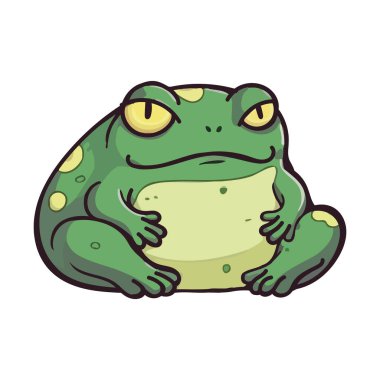 Neşeli bir kurbağa, izole edilmiş, sümüklü çimlerin üzerinde oturuyor.