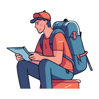 Sırt çantalı gülümseyen adam izole edilmiş macera ikonunun tadını çıkarıyor