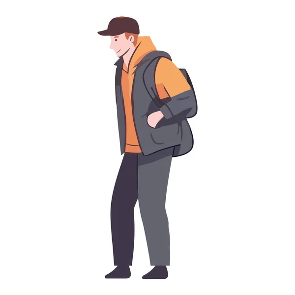 年轻男子背着背包走路 孤立了成功的象征 — 图库矢量图片