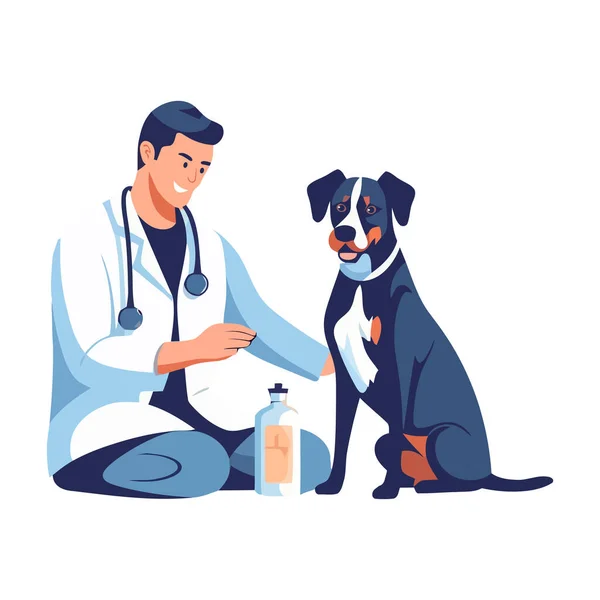 笑顔の獣医と子犬のイラストのアイコンが孤立 — ストックベクタ
