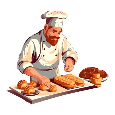 Fırıncı, kruvasan ve ekmek ikonu hazırlar.