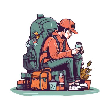 Macera simgesi için sırt çantalı bir kişi izole edildi