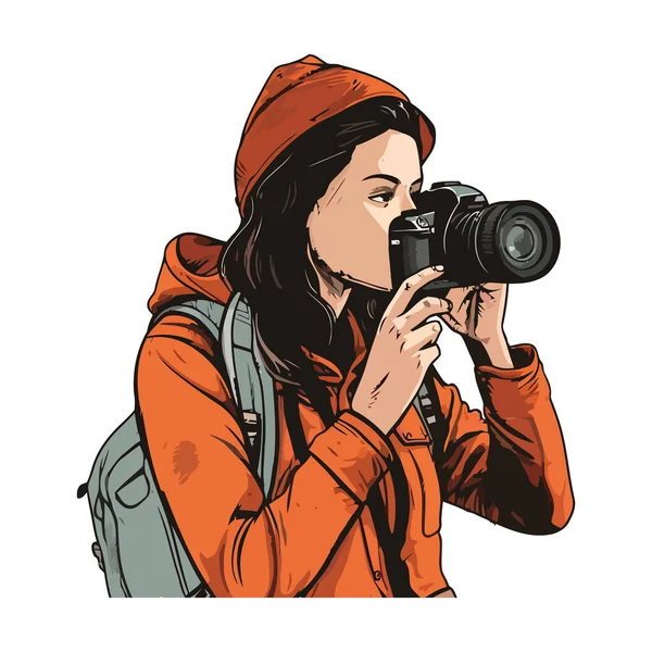 Młoda Kobieta Fotografuje Ikoną Kamery Izolacji — Wektor stockowy