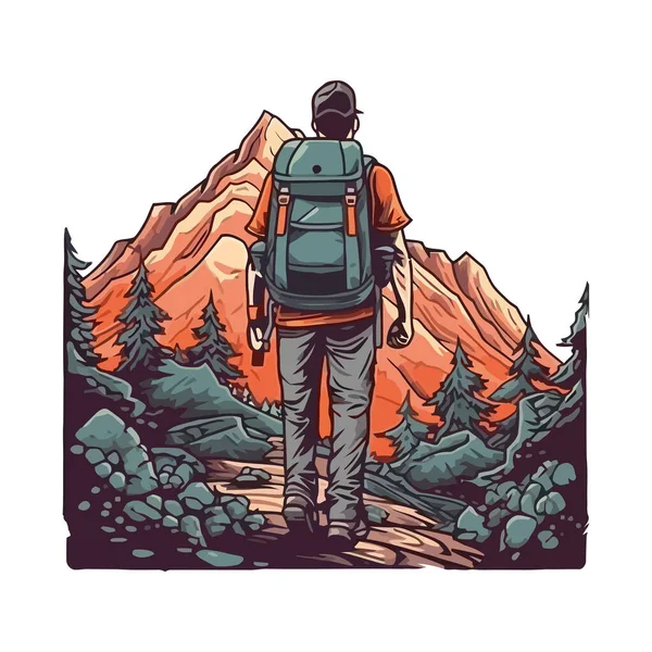Backpacker Στέκεται Στην Κορυφή Του Βουνού Απολαμβάνοντας Την Ελευθερία Στυλ — Διανυσματικό Αρχείο
