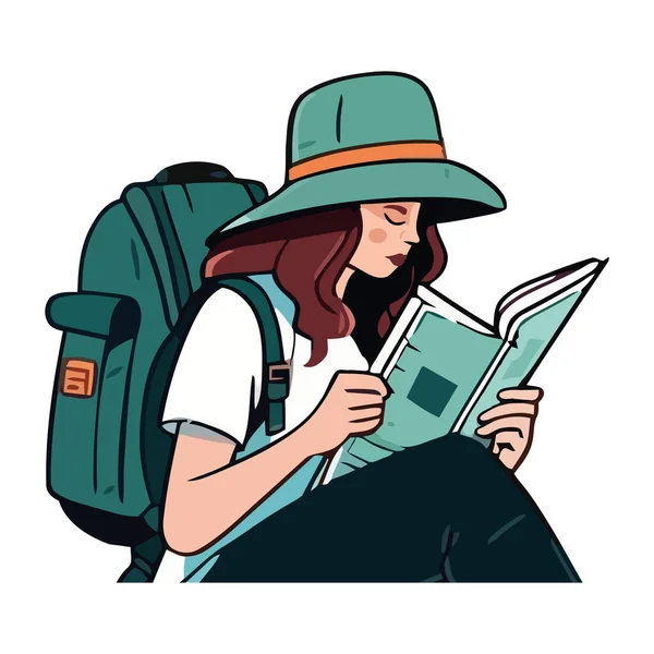 Junge Frau Liest Buch Während Backpacking Abenteuer Design — Stockvektor