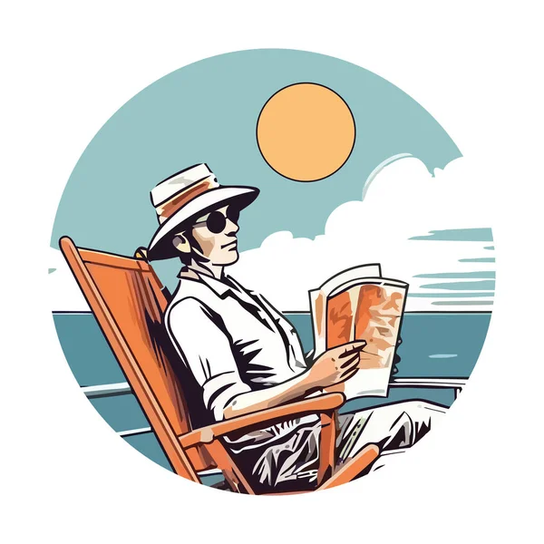 Один Человек Сидит Читая Книгу Иконе Пляжа Изолирован — стоковый вектор