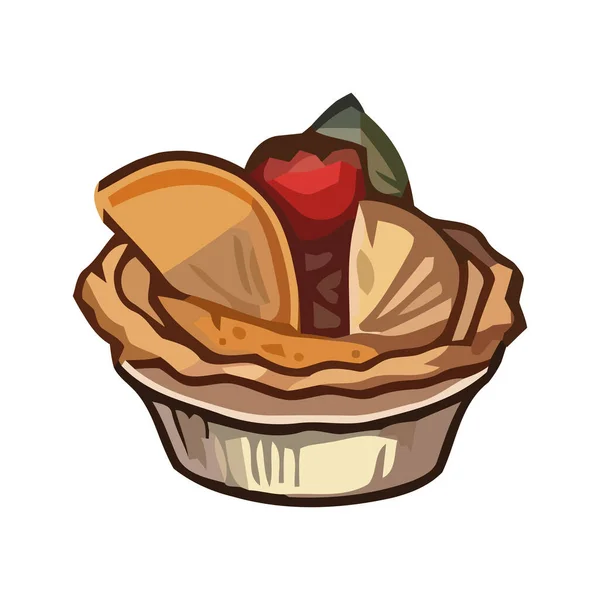 Zoet Dessert Gebakken Cupcake Met Fruit Pictogram Geïsoleerd — Stockvector