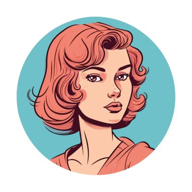 Kıvırcık kahverengi saç ikonu olan sevimli çizgi film kadını izole edilmiş.