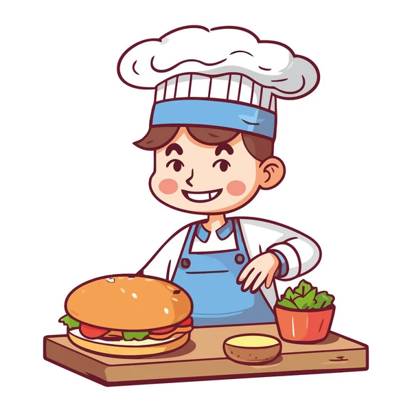 Allegro Chef Carino Bambino Sorridente Con Icona Hamburger Gourmet Isolato — Vettoriale Stock