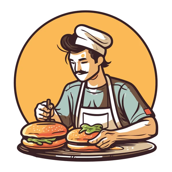 Chef Joyeux Dans Tablier Cuisine Icône Burger Gastronomique Isolé — Image vectorielle
