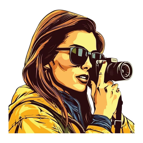 Young Adult Photographer Holding Camera Capturing Beauty — Stock Vector