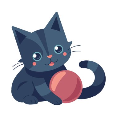 Sevimli çizgi film kedisi dümdüz oturup, izole edilmiş oyuncak ikonuyla oynuyor.