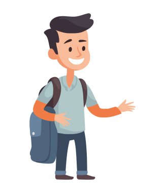 Sırt çantasıyla yürüyen gülümseyen çocuk, izole edilmiş macera ikonu dolu.