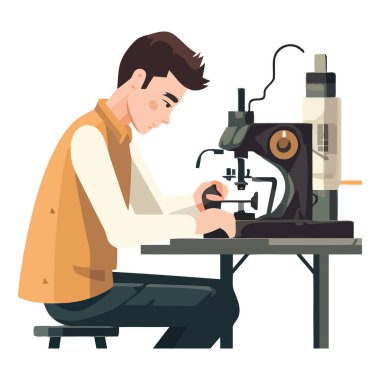 Bir bilim adamı beyaz masanın üzerinde oturuyor.