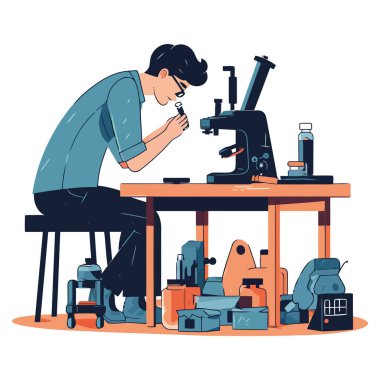 Bilim adamı beyaz üzerinde mikroskop kullanarak bir şeyleri analiz ediyor.