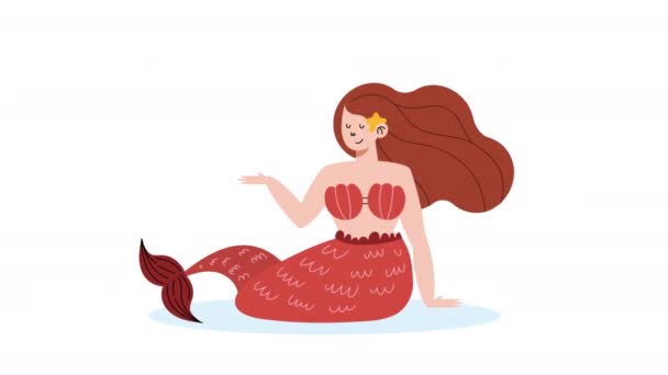 Krásná Pohádka Mořská Panna Červenými Vlasy Animace Video Animované — Stock video