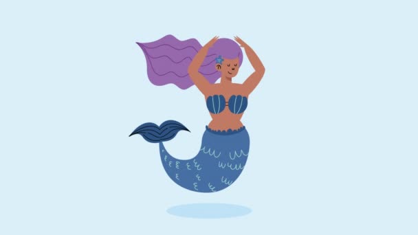 美丽的童话美人鱼与紫色头发动画4K视频动画 — 图库视频影像