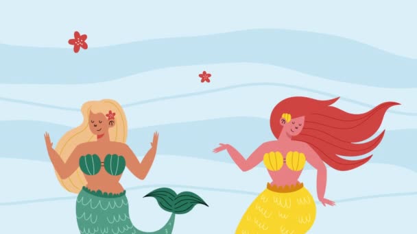 Two Beautiful Fairy Tale Mermaids Swiming Animation Video Animated — Stock Video