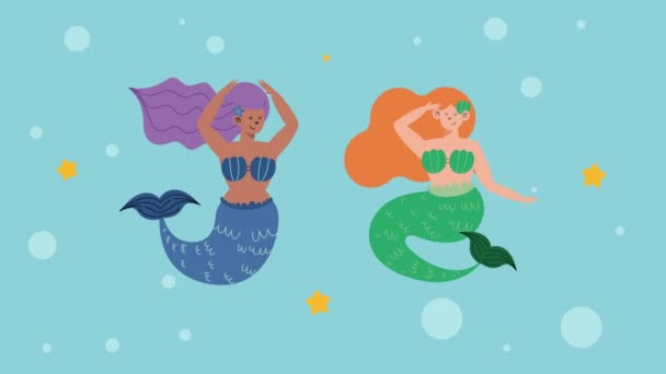 Dvě Krásné Pohádkové Mořské Panny Hvězdami Animace Video Animované — Stock video