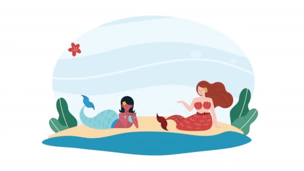 Dvě Krásné Pohádkové Mořské Panny Pláži Animace Video Animované — Stock video
