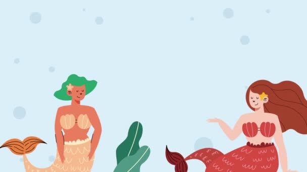 两个美丽的童话美人鱼游动动画4K视频动画 — 图库视频影像