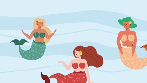 Tre Belle Sirene Fiabesche Nuotare Animazione Video Animato — Video Stock