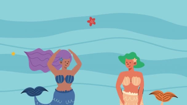 Due Belle Sirene Fiabesche Nuotare Animazione Video Animato — Video Stock