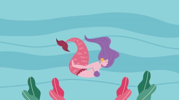 Beautiful Fairy Tale Mermaid Purple Hair Animation Video Animated — Stock Video