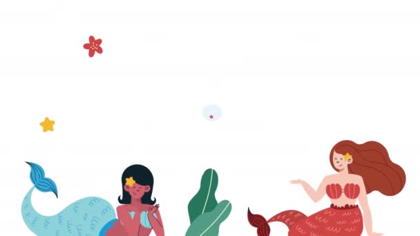 三个美丽的童话美人鱼与明星动画4K视频动画 — 图库视频影像