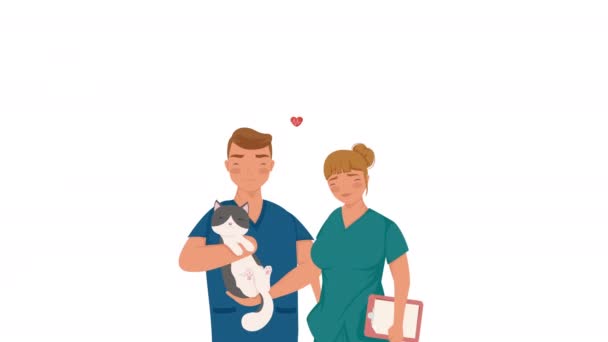 猫アニメーションを持ち上げる獣医の労働者のカップル ビデオアニメーション — ストック動画